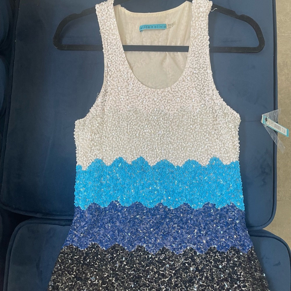 Alice + Olivia Scalloped Sequin Tank Dress in Black and Bright Blue
